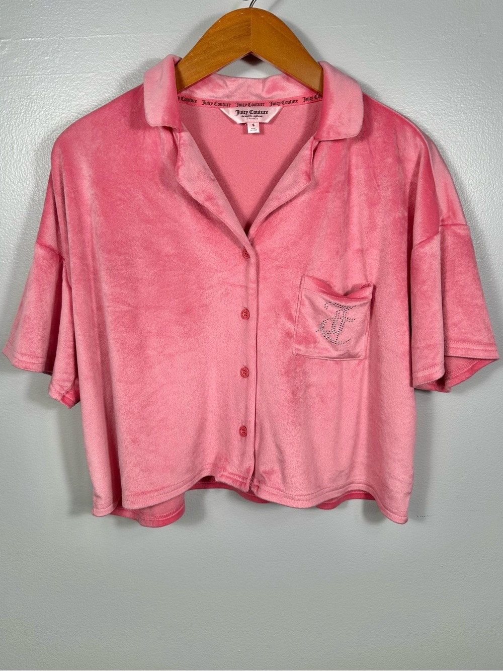 Juicy Couture Pink Velour Cropped Button-Up Sleep Shirt Size Small Comfy Chic